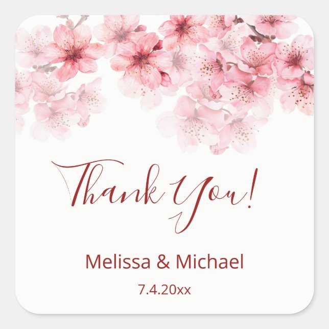 Cherry Blossom Thank You Wedding Favor   Square Sticker (Front)