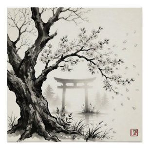 Cherry Blossom & Torii Gate — Japanese Sumi-e Ink Poster
