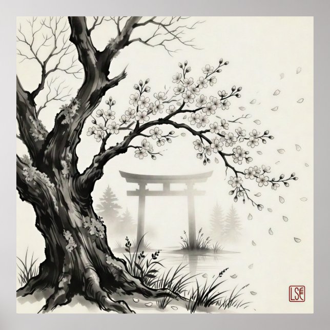 Cherry Blossom & Torii Gate —  Japanese Sumi-e Ink Poster (Front)