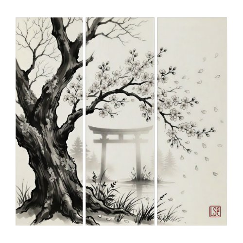 Cherry Blossom & Torii Gate —  Japanese Sumi-e Ink Triptych