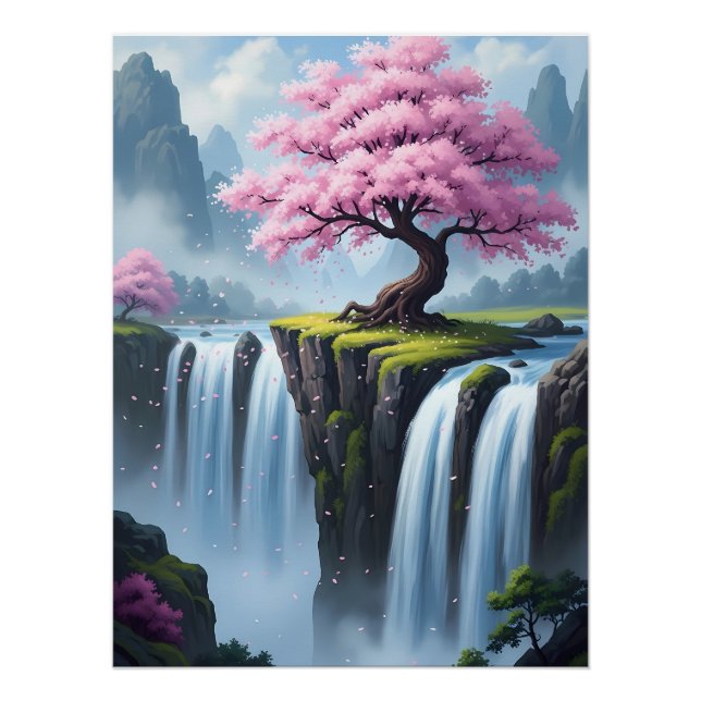 Cherry Blossom Tree Above Waterfalls Poster (Front)