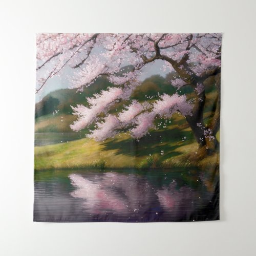 Cherry Blossom Tree At A Lake Tapestry