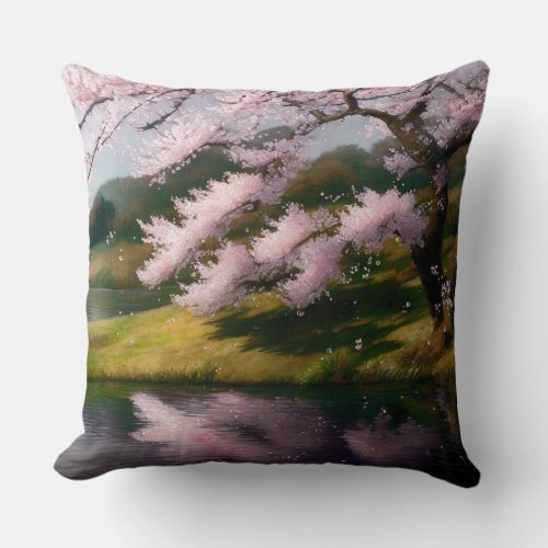 Cherry Blossom Tree At A Lake  Throw Pillow
