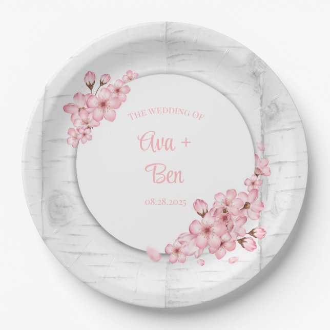 Cherry Blossom Tree Bark Wedding Paper Plates (Front)
