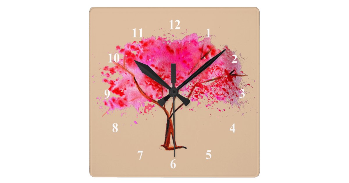 Cherry Blossom Tree Modern Floral Watercolor Art Square Wall Clock