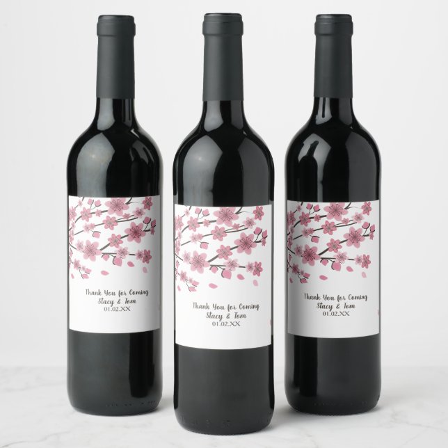Cherry Blossom Tree Petals Pink Wedding Wine Label (Bottles)