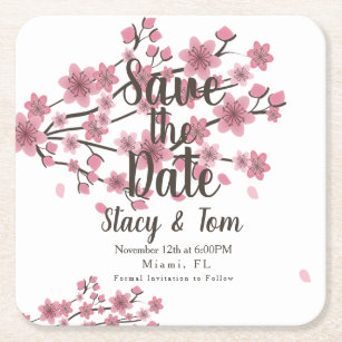 Cherry Blossom Tree Petals Save the Date Square Paper Coaster