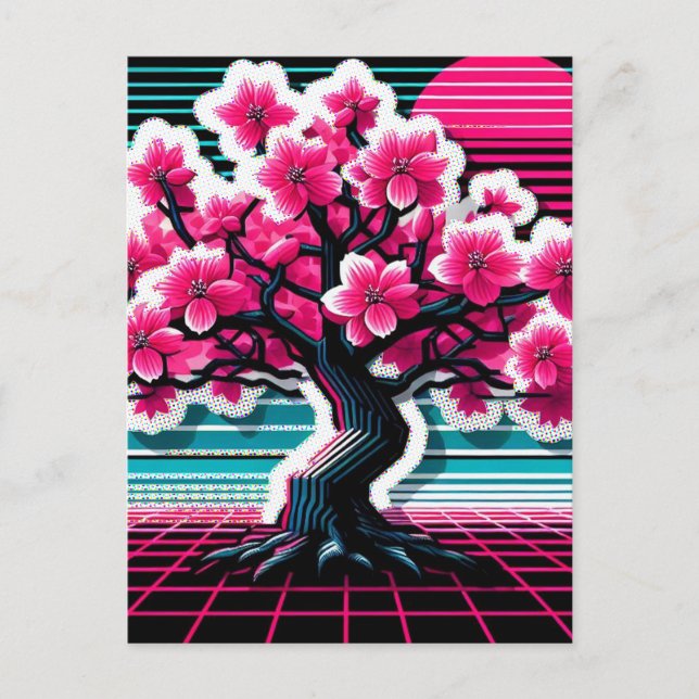Cherry Blossom Tree Synthwave 803 Postcard (Front)