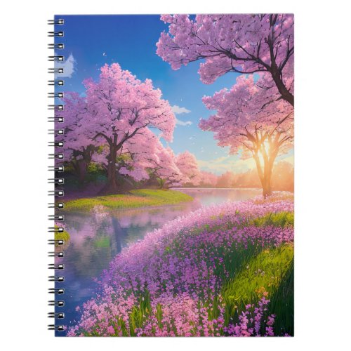 Cherry Blossom Trees and Flowered Riverbank Notebook