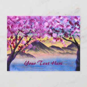 Cherry Blossom Trees Lake Dusk Mountains Landscape Postcard