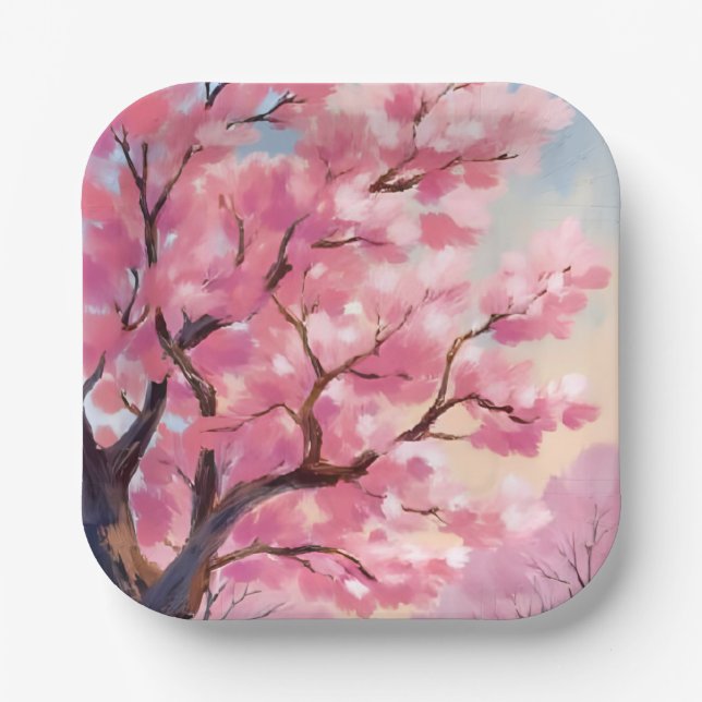 Cherry Blossom Trees Pink Floral Painting Paper Plates (Front)