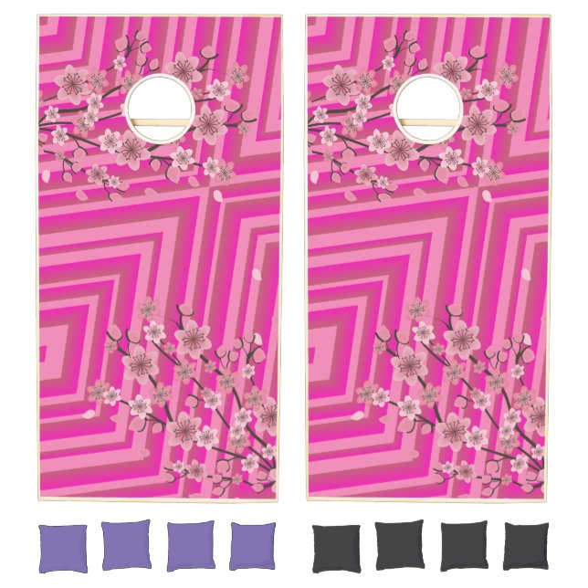 Cherry Blossom Trippy Gradient Ombre Striped Pink Cornhole Set (Set)