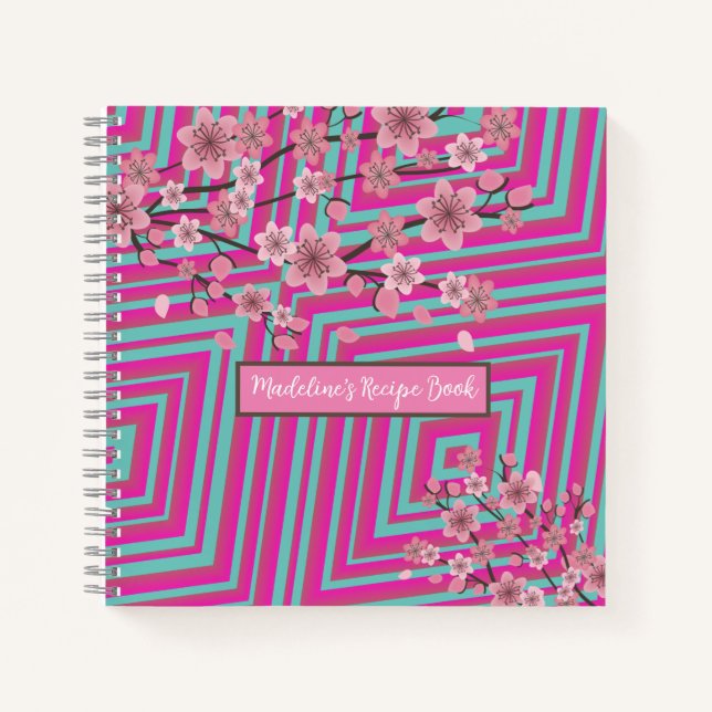 Cherry Blossom Trippy Gradient Striped Pink Recipe Notebook (Front)