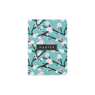 Cherry Blossom Turquoise Custom Name Passport Holder