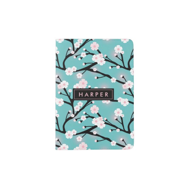 Cherry Blossom | Turquoise | Custom Name Passport Holder (Front)