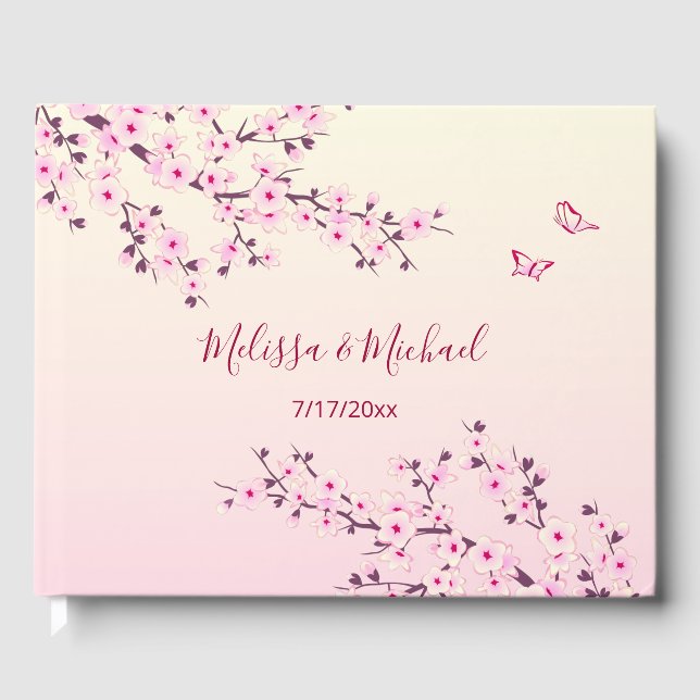 Cherry Blossom Two Butterflies  | Pink Guest Book (Front)