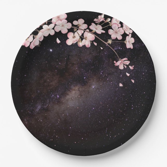 Cherry Blossom under Starry Nightsky Engagement Paper Plates (Front)