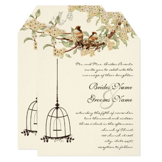 Cherry Blossom Vintage Birds & Birdcage Weddings Card