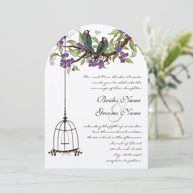 Cherry Blossom Vintage Birds & Birdcage Weddings Invitation (Standing Front)