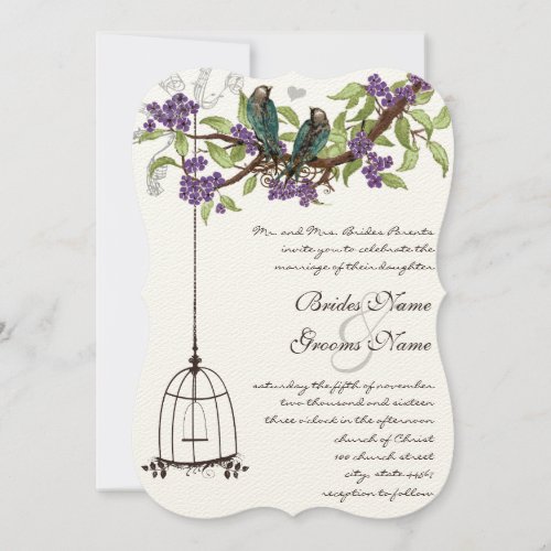 Cherry Blossom Vintage Birds  Birdcage Weddings Invitation