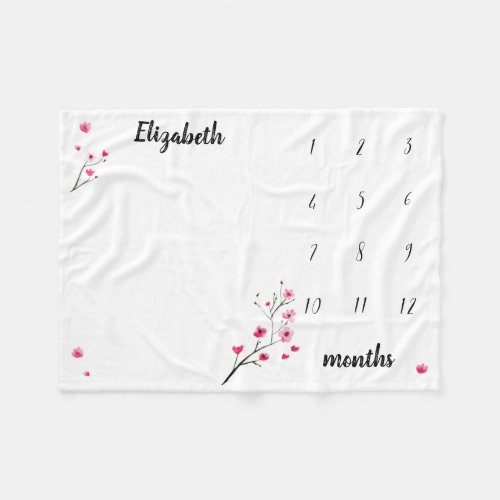 Cherry Blossom Watercolor Baby milestone Fleece Blanket