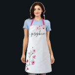 Cherry Blossom Watercolor flower Personalized Apron<br><div class="desc">Personalize this sweet apron with her name. Pink and red cherry blossom, watercolor flowers, original painting by designer Lorena Depante. This apron features an elegant font with a trendy embellishment at the ends is sure to be a treasured gift. Pro Tip: keep the little squares in front and at the...</div>