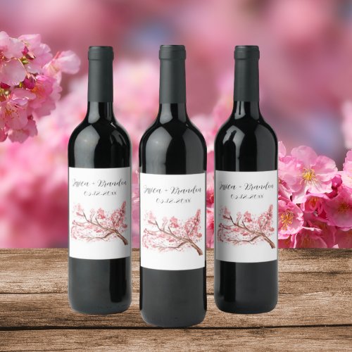 Cherry Blossom Watercolor Flowers Floral Wedding Wine Label