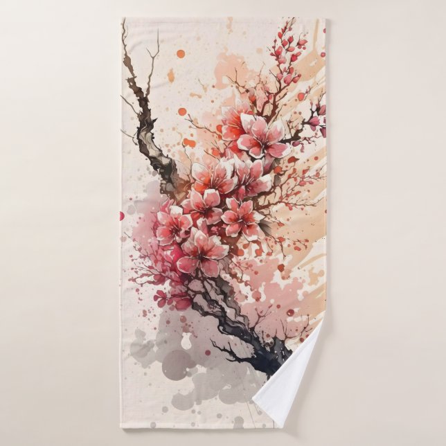 Cherry Blossom Watercolor Flowers Pink Red Floral Bath Towel (Bath Towel)