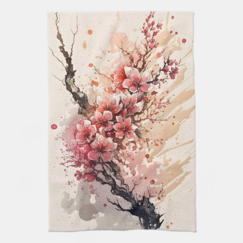 Cherry Blossom Watercolor Flowers Pink Red Floral Kitchen Towel