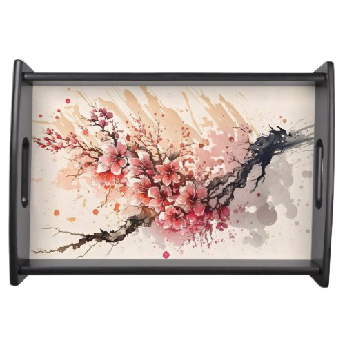 Cherry Blossom Watercolor Flowers Pink Red Floral  Serving Tray
