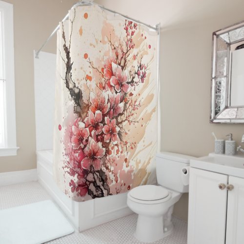 Cherry Blossom Watercolor Flowers Pink Red Floral Shower Curtain