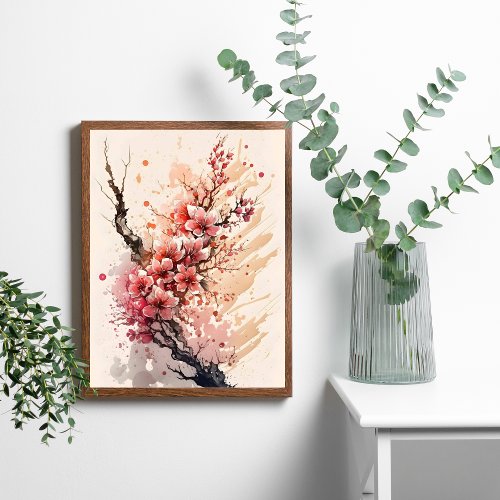 Cherry Blossom Watercolor Flowers Wall Art Poster