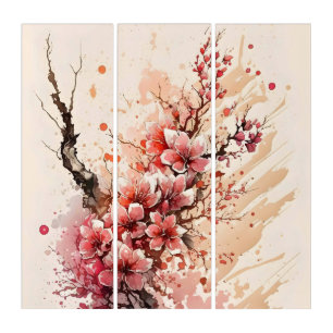 Cherry Blossom Watercolor Flowers Wall Triptych