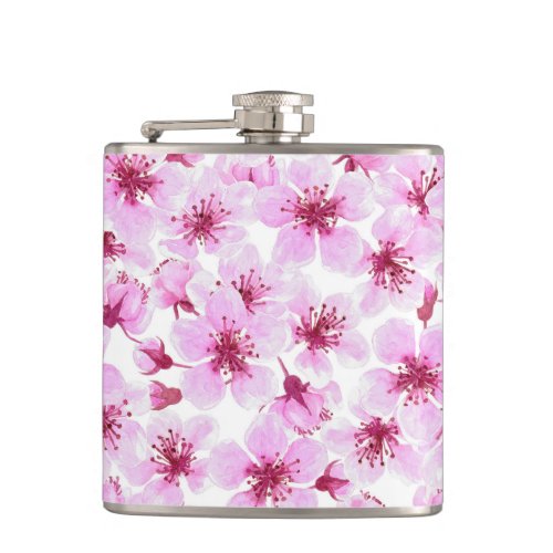 Cherry blossom watercolor hip flask