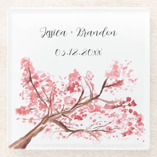 Cherry Blossom Watercolor Pink Floral Wedding Glass Coaster