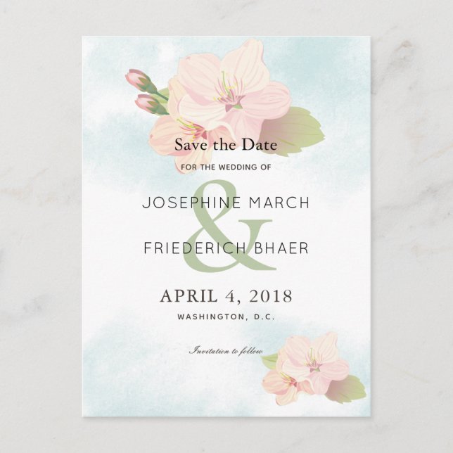 Cherry Blossom Watercolor Save the Date Postcard (Front)