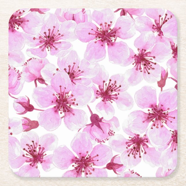 Cherry blossom watercolor square paper coaster (Front)