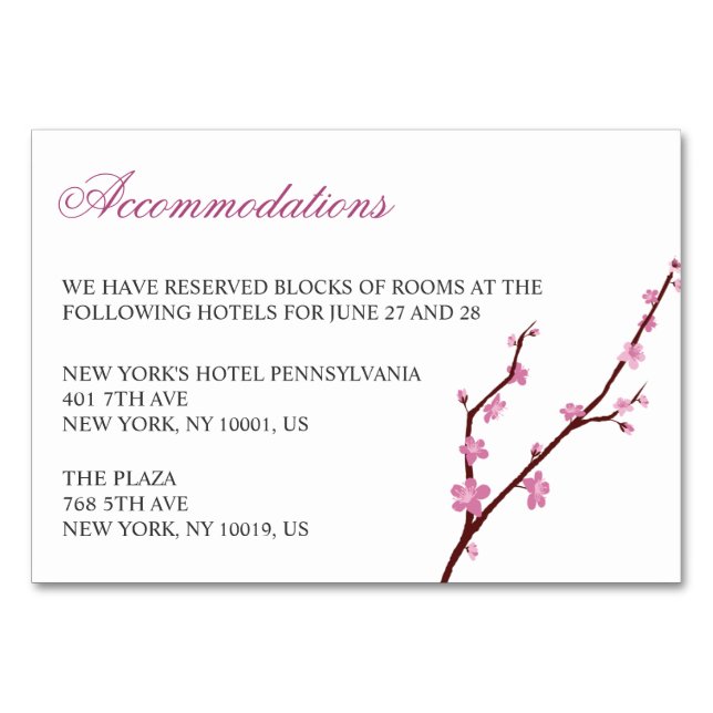 Cherry Blossom Wedding Accommodation Cards (Front)