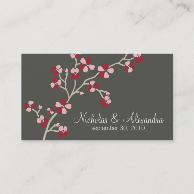 Cherry Blossom Wedding Business Card dark (red) (Front)