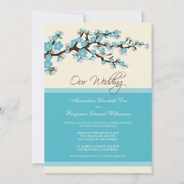 Cherry Blossom Wedding Invitation (aqua) (Front)