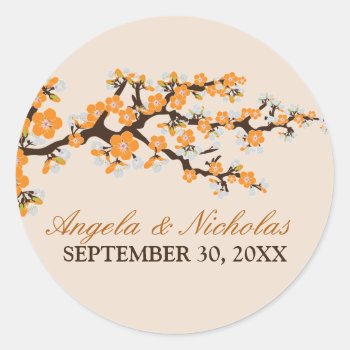 Cherry Blossom Wedding Invitation Seal (orange) by TheWeddingShoppe at Zazzle