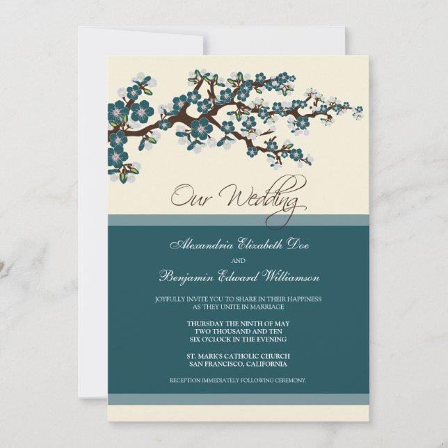 Cherry Blossom Wedding Invitation (teal) (Front)