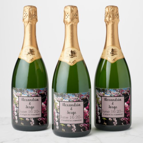 Cherry Blossom Wedding Personalized with Names Sparkling Wine Label