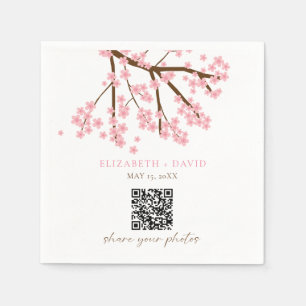 Cherry Blossom Wedding Photo Upload QR Code Napkins