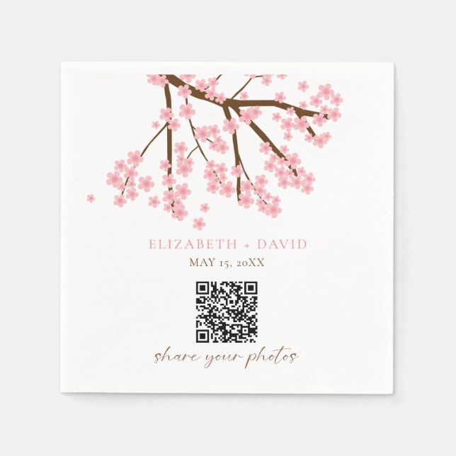 Cherry Blossom Wedding Photo Upload QR Code Napkins (Front)