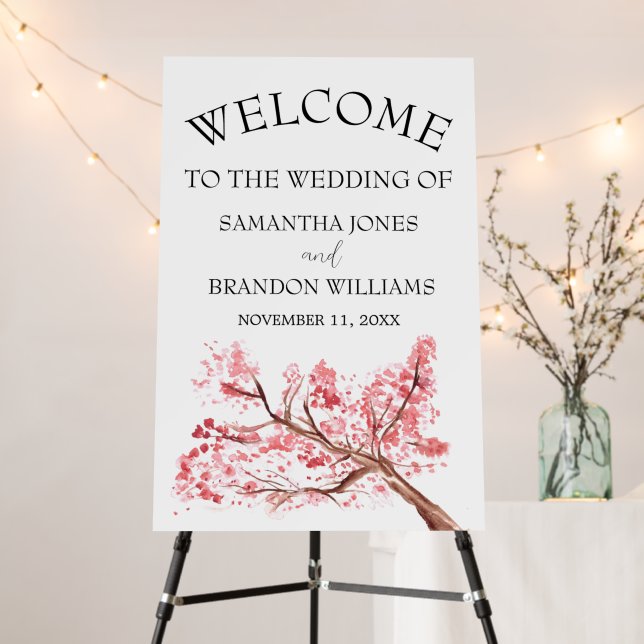 Cherry Blossom Wedding Pink Floral Welcome Sign  (In Situ (Stand))