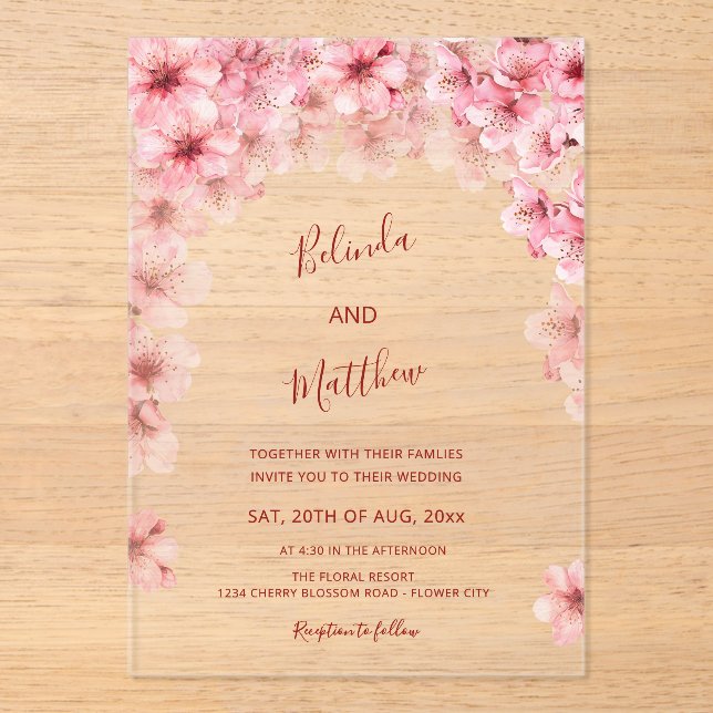  Cherry Blossom White Arched Casual Wedding Acrylic Invitations (Front)