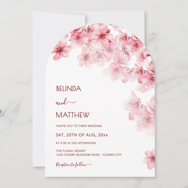  Cherry Blossom White Arched Wedding Invitation (Front)