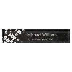 Cherry Blossom White Black Marble Funeral Director Desk Name Plate