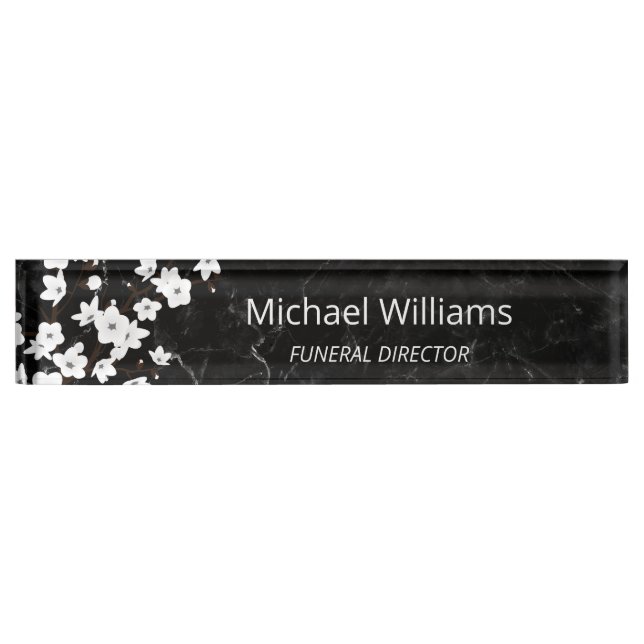 Cherry Blossom White Black Marble Funeral Director Desk Name Plate (Front)